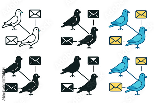 Pigeons in Communication Network. Networked pigeons with envelopes forming communication pattern, minimal vector design, first in