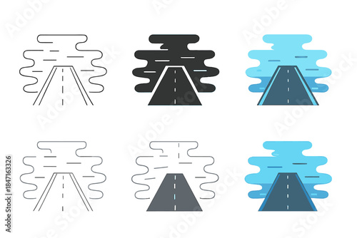 Flooded Road Minimalism. Flooded road disappearing into serene lake with subtle ripples, abstract minimal vector design, first in