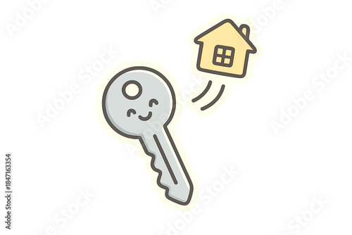 Smiling Key Harmony. A simple house key with smiling curves that visually plays a tiny floating "home" chord above it, friendly