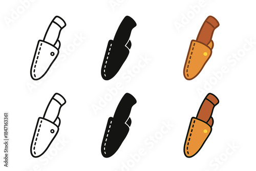 Knife Sheath Styles. Knife inside molded leather sheath showing precise fit, simple minimal vector icon, first in line style with