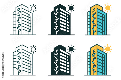 Modern Eco-friendly Skyscraper. High-rise office block with vertical gardens and sunlight-absorbing facade, abstract minimal