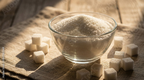 Sugar cubes nestled in a glass bowl on the breakfast table, ready to sweeten a steaming hot cup of beverage for an invigorating morning drink.