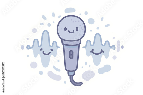 Smiling Spectrogram Waves. A microphone surrounded by tiny animated waves forming a smiling spectrogram, soft rounded Doodle