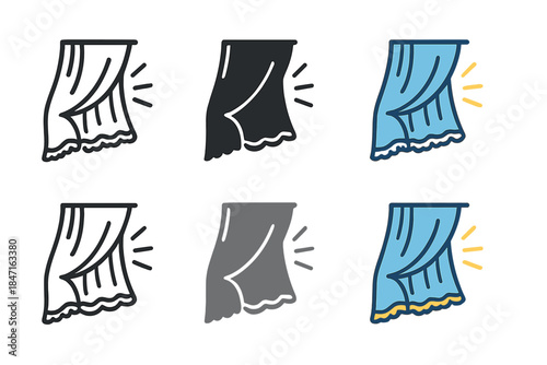 Curtain Icon Variations. Flowing window curtain with lace detailing and radiant light behind, clean minimal vector icon, first in