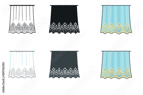 Lace Shadow Designs. Curtain with intricate lace pattern casting soft shadows, abstract minimal vector design, first in line style