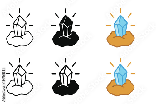 Radiant Quartz Design. Quartz crystal embedded in rock with radiant pulse lines, abstract minimal vector design, first in line