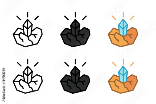 Quartz Energy Icon. Quartz vein with energy pulses radiating outward along fractured rock, clean minimal vector icon, first in