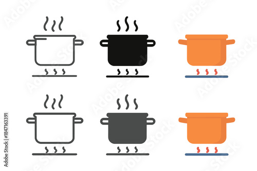 Geometric Copper Pot Styles. Copper pot on stove with subtle heat lines and rising steam, clean geometric minimal icon, first in