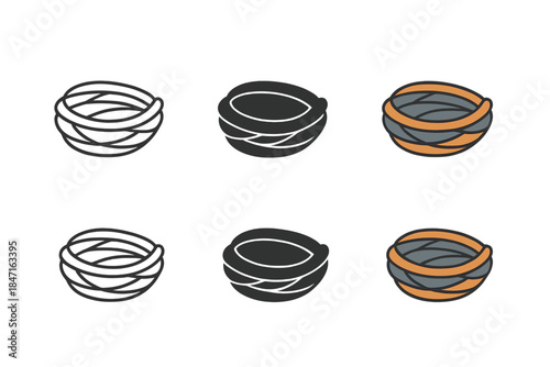 Geometric Metallic Nest. Compact metallic nest with twisted iron threads, clean geometric minimal icon, first in line style with