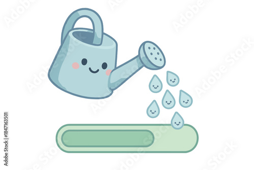Joyful Watering Can. A happy watering can pouring onto a "skill" bar, tiny droplets with smiling faces, soft rounded friendly