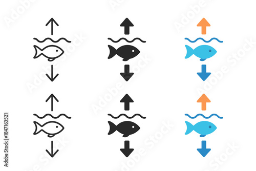 Marine Migration Arrows. Minimalist illustration of vertical arrows indicating diel migration patterns, symbolizing rhythm and