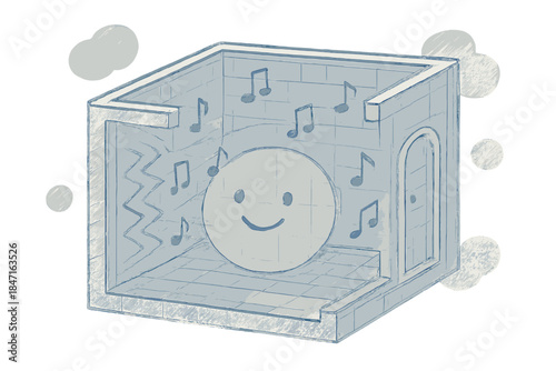 Soundproof Haven. A smiling blueprint of a room that traps and preserves sound, tiny musical notes floating gently, soft rounded