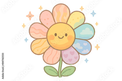 Multiverse Bloom. A cheerful flower blooming with petals from different realities, tiny smiling sparkles around, cozy rounded