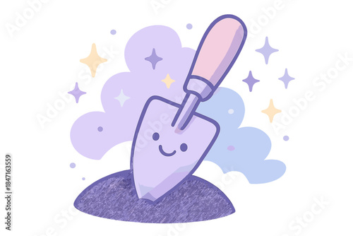 Cosmic Garden Trowel. A smiling trowel tilling soil between dimensions, tiny floating stars and sparkles around, soft rounded