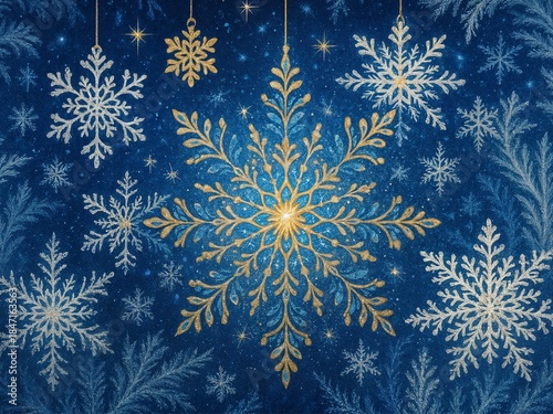 Golden and silver ornate snowflakes on a blue background. Design for christmas cards, greetings, digital wallpapers, blogs, illustrations, social media