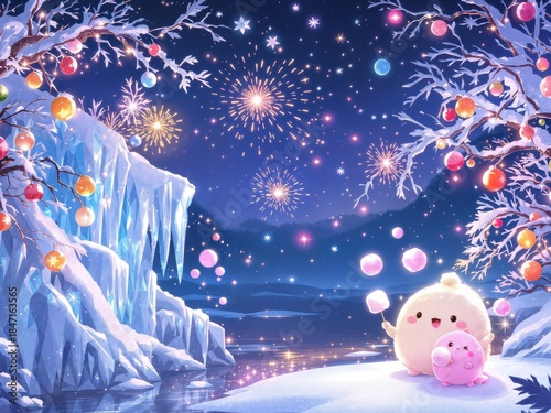 New Year celebration with fireworks, snow, trees, two cute fluffy white creatures. Design for festive New Year card, greetings, wallpaper, illustration.