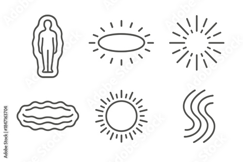 Energy Field Icons. Line style icons of Energy Fields: aura outline, light ring, radiant beam, wave halo, glowing sphere, flow