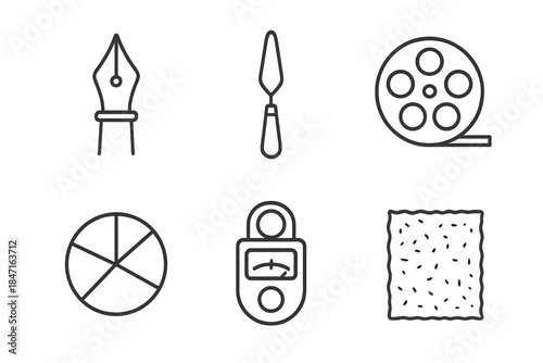 Artistic Essentials Icons. Line style icons of Artistic Essentials: ink pen, palette knife, film reel, light meter, gradient wheel