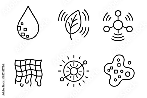 Organic Digital Icons. Line style icons of Organic Digitality: fluid pixel droplet, vibrating pixel leaf, pulsing node cluster,