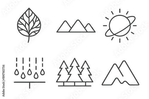 Natural Geometry Icons. Line style icons of Natural Geometry: fractal leaf veins, triangular wave hills, orbit sun disk, balanced