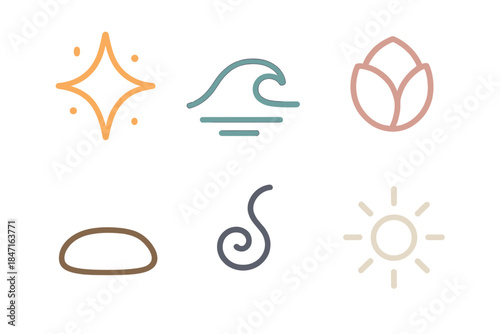 Hue Emotion Icons. Line style icons of Hue Emotions: excited orange spark, tranquil teal wave, joyful pink petal, grounded brown