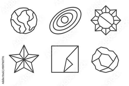 Stellar Paper Icons. Line style icons of Stellar Paper Art: crumpled planet, layered orbit, origami sun, pleated star, folded void