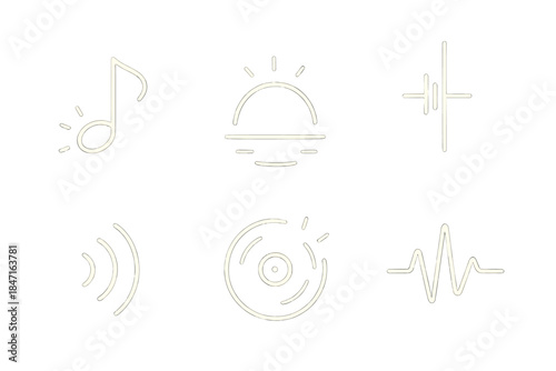 Glowing Music Icons. Line style icons of Music in Light: glowing notehead, curved reflection, shining string, echo curve, luminous