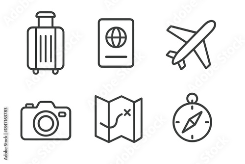 Minimal Travel Icons. Line style icons of Minimal Travel: suitcase, passport, airplane, camera, map, compass. No text, No labels,