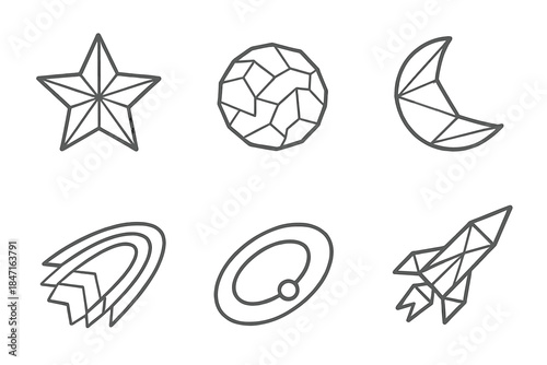 Paper Universe Icons. Line style icons of Paper Universe: folded star, creased planet, origami moon, layered comet, bent orbit,