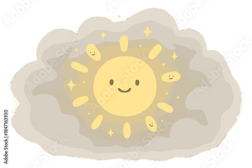 Sunny Aura Emergence. A happy sunny aura breaking through "foggy uncertainty," tiny smiling rays and sparkles, soft rounded