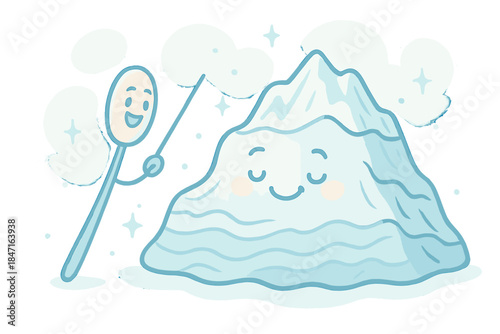 Glacier's Joyful Symphony. cheerful conductor's baton directing the slow movement of a smiling glacier, tiny sparkles floating