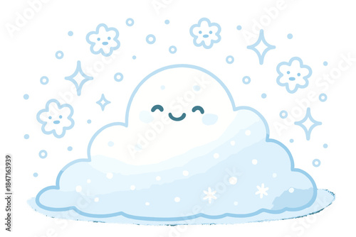 Happy Snow Crescendo. A happy snow crescendo with tiny smiling flakes and sparkles, soft rounded doodle style, pastel white and