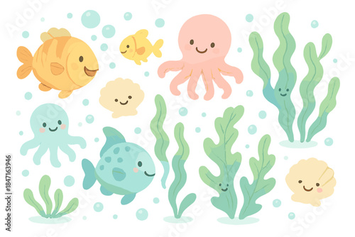 Playful Underwater Wonderland. A playful underwater world with happy fish, smiling seashells, bubbly octopuses, waving seaweed
