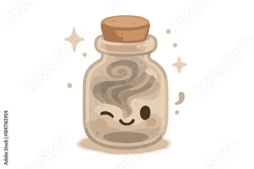 Winking Vial Enchantment. A tiny vial with a winking face, swirling shadowy sound inside, floating sparkles, cute abstract details