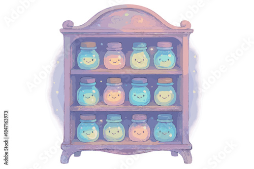 Whimsical Glowing Cabinet. A whimsical cabinet with tiny smiling jars, each holding glowing reflections, mysterious soft lights,