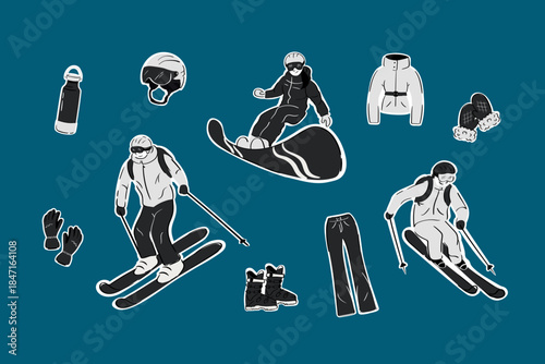 Compact winter sports sticker pack with skiers, snowboarders and accessories for modern design use