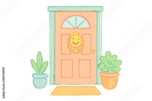 Smiling Doorknocker Delight. A friendly front door with a smiling doorknocker, cozy pastel doodle colors, No text, No labels,