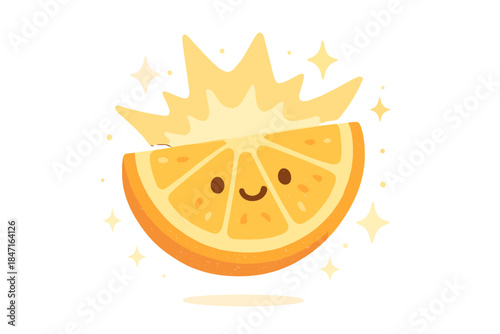 Citrus Zing Explosion. A playful citrus slice with a happy "zing" explosion, tiny sparkles around, gentle friendly colors, No text