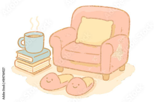 Cozy Reading Nook. A miniature reading nook with cheerful slippers, mug, and armchair, soft pastel doodle style, No text, No
