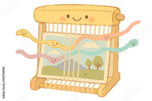 Cheerful Loom Doodle. A cheerful loom weaving smiling threads through an old photograph, soft pastel doodle style, No text, No