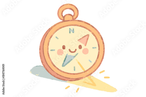 Cheerful Compass Doodle. A tiny compass with a cheerful face, navigating by glowing shadow lengths, cozy pastel doodle colors, No