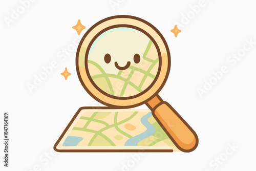 Cheerful Magnifier Adventure. A playful magnifier with a happy face revealing hidden map details, tiny sparkles around, gentle