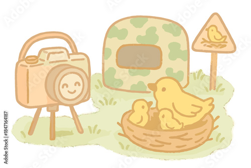 Miniature Wildlife Photography. A miniature wildlife photography scene with cheerful camera, blind, and nesting warning, soft