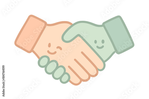 Fair Trade Handshake. A cute "fair trade" handshake symbol with winking faces on the hands, soft harmonious pastel palette, No