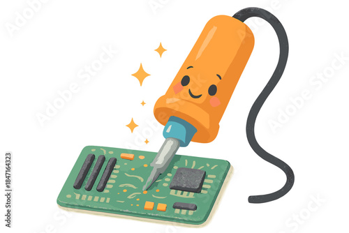 Happy Soldering Iron. A playful soldering iron with a happy face repairing a tiny legacy motherboard, tiny sparkles around, gentle