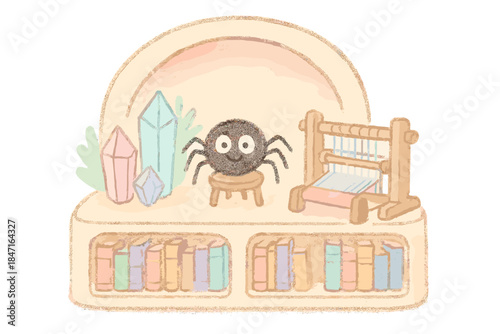 Cheerful Spider Library. A miniature silent library scene with cheerful spider, crystals, and loom, soft pastel doodle style, No