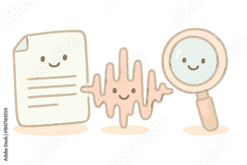 Forensic Linguistics Doodles. A miniature forensic linguistics scene with cheerful document, waveform, and magnifying glass, soft