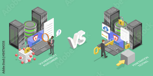 3D Isometric Flat Vector Illustration of Mulnerability Testing, Teamwork And Data Management For Cyber Threats With Digital Security Solutions