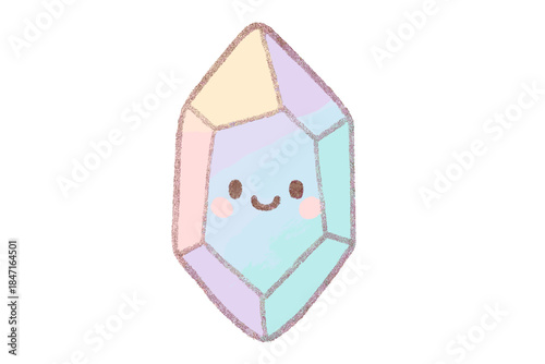 Smiling Empathy Crystal. A tiny "empathy catalyst" crystal with a smiling face, cozy pastel doodle colors, No text, No labels,