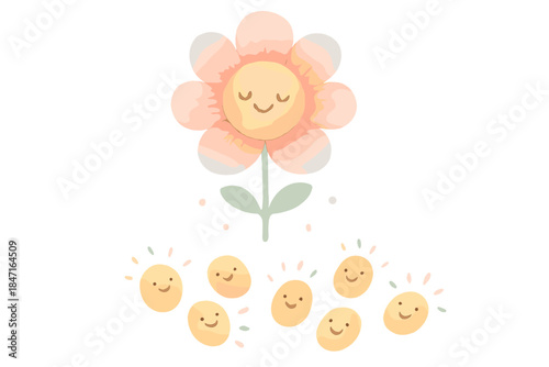 Floating Blossom Memory. A happy memory blossom flower floating above tiny joyful seeds, gentle pastel accents, No text, No labels